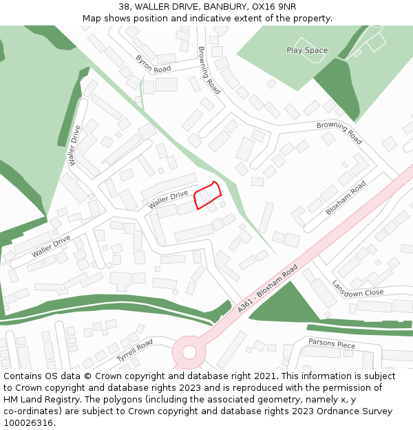 38, WALLER DRIVE, BANBURY, OX16 9NR: Location map and indicative extent of plot