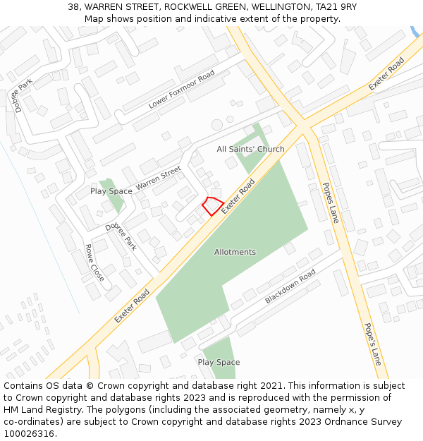 38, WARREN STREET, ROCKWELL GREEN, WELLINGTON, TA21 9RY: Location map and indicative extent of plot