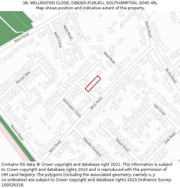 38, WELLINGTON CLOSE, DIBDEN PURLIEU, SOUTHAMPTON, SO45 4RL: Location map and indicative extent of plot