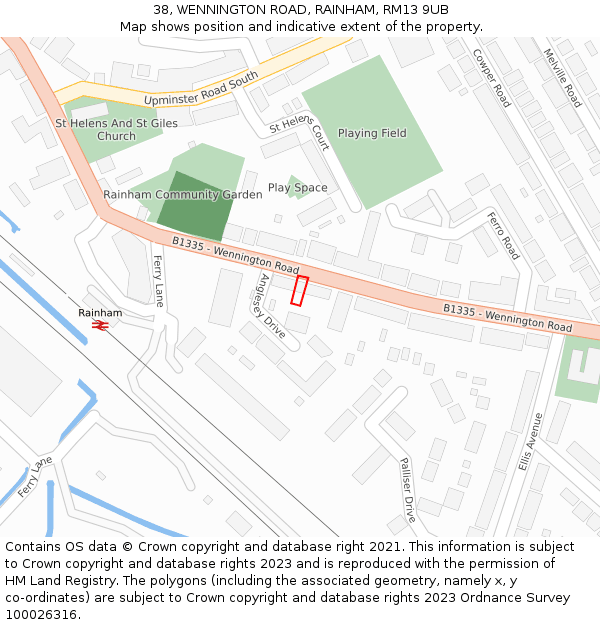 38, WENNINGTON ROAD, RAINHAM, RM13 9UB: Location map and indicative extent of plot