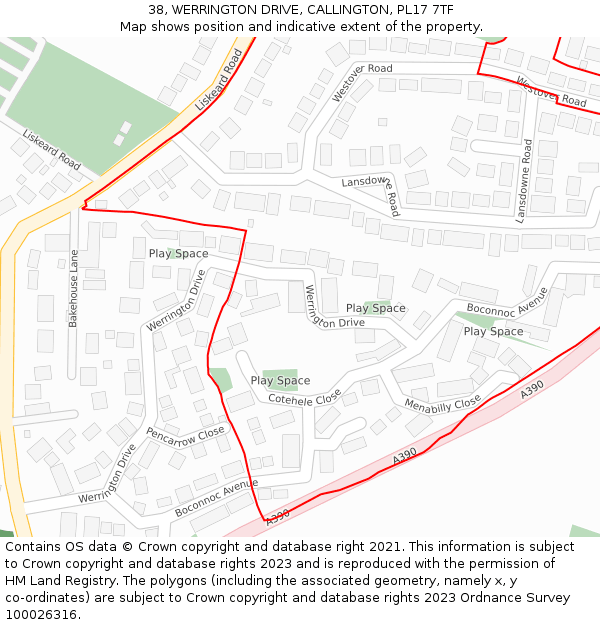 38, WERRINGTON DRIVE, CALLINGTON, PL17 7TF: Location map and indicative extent of plot