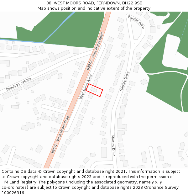 38, WEST MOORS ROAD, FERNDOWN, BH22 9SB: Location map and indicative extent of plot