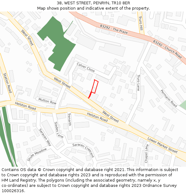 38, WEST STREET, PENRYN, TR10 8ER: Location map and indicative extent of plot