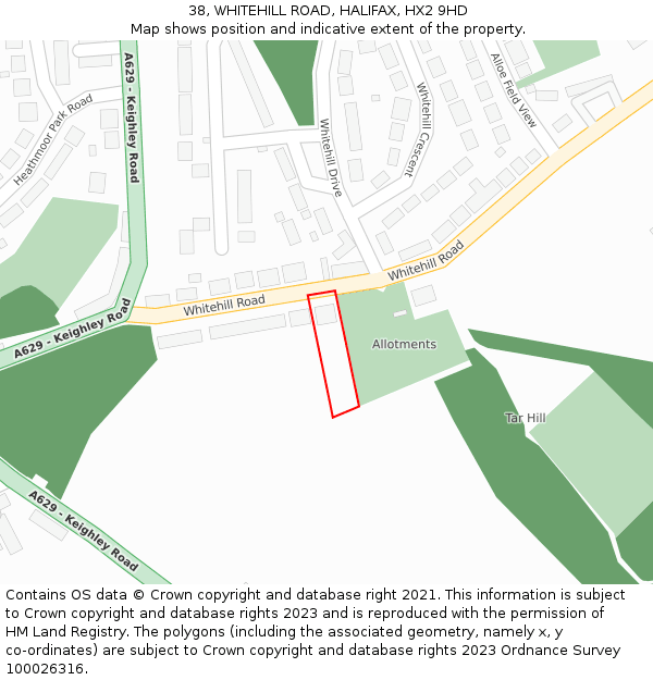 38, WHITEHILL ROAD, HALIFAX, HX2 9HD: Location map and indicative extent of plot