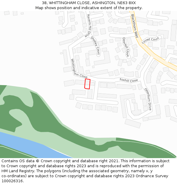 38, WHITTINGHAM CLOSE, ASHINGTON, NE63 8XX: Location map and indicative extent of plot