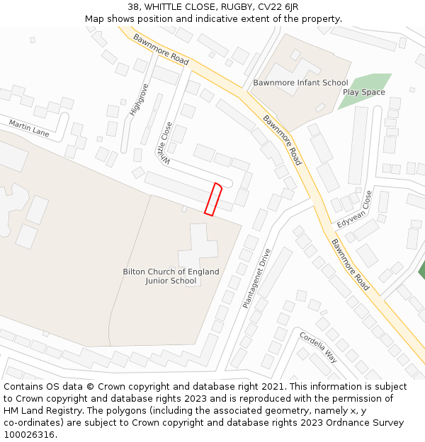 38, WHITTLE CLOSE, RUGBY, CV22 6JR: Location map and indicative extent of plot