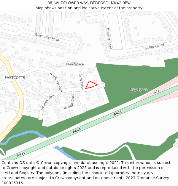 38, WILDFLOWER WAY, BEDFORD, MK42 0RW: Location map and indicative extent of plot