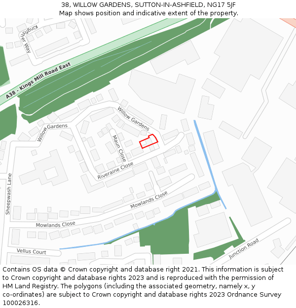 38, WILLOW GARDENS, SUTTON-IN-ASHFIELD, NG17 5JF: Location map and indicative extent of plot