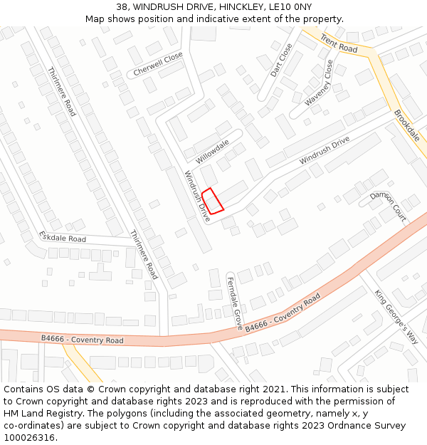 38, WINDRUSH DRIVE, HINCKLEY, LE10 0NY: Location map and indicative extent of plot