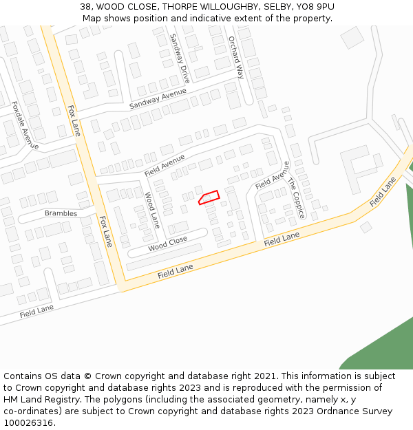 38, WOOD CLOSE, THORPE WILLOUGHBY, SELBY, YO8 9PU: Location map and indicative extent of plot