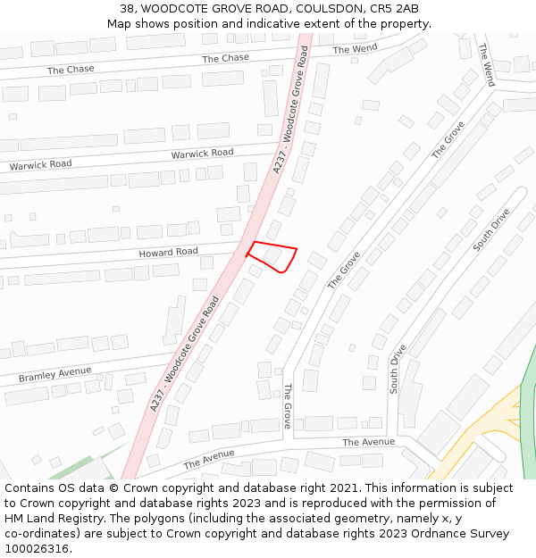 38, WOODCOTE GROVE ROAD, COULSDON, CR5 2AB: Location map and indicative extent of plot