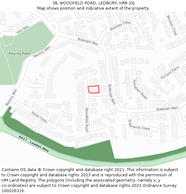 38, WOODFIELD ROAD, LEDBURY, HR8 2XJ: Location map and indicative extent of plot