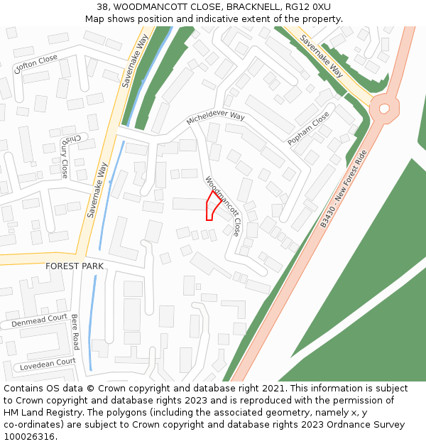 38, WOODMANCOTT CLOSE, BRACKNELL, RG12 0XU: Location map and indicative extent of plot