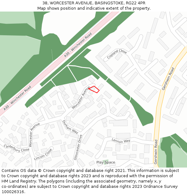 38, WORCESTER AVENUE, BASINGSTOKE, RG22 4PR: Location map and indicative extent of plot