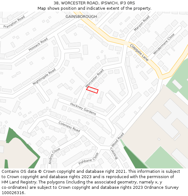 38, WORCESTER ROAD, IPSWICH, IP3 0RS: Location map and indicative extent of plot