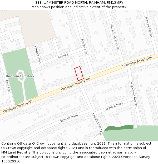 383, UPMINSTER ROAD NORTH, RAINHAM, RM13 9RY: Location map and indicative extent of plot