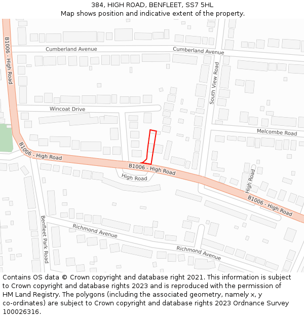 384, HIGH ROAD, BENFLEET, SS7 5HL: Location map and indicative extent of plot