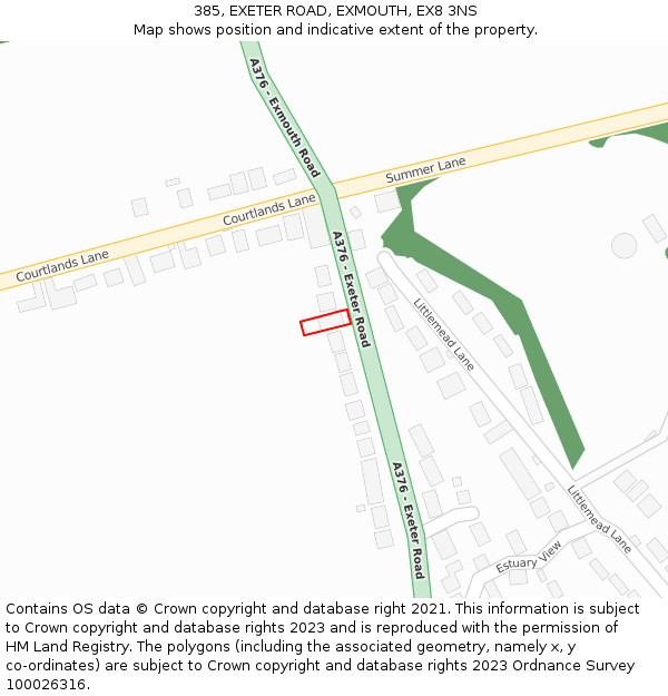 385, EXETER ROAD, EXMOUTH, EX8 3NS: Location map and indicative extent of plot