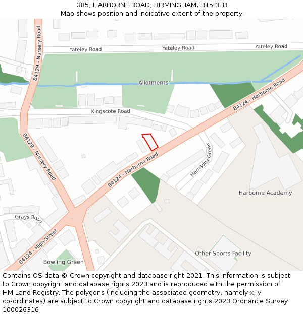 385, HARBORNE ROAD, BIRMINGHAM, B15 3LB: Location map and indicative extent of plot