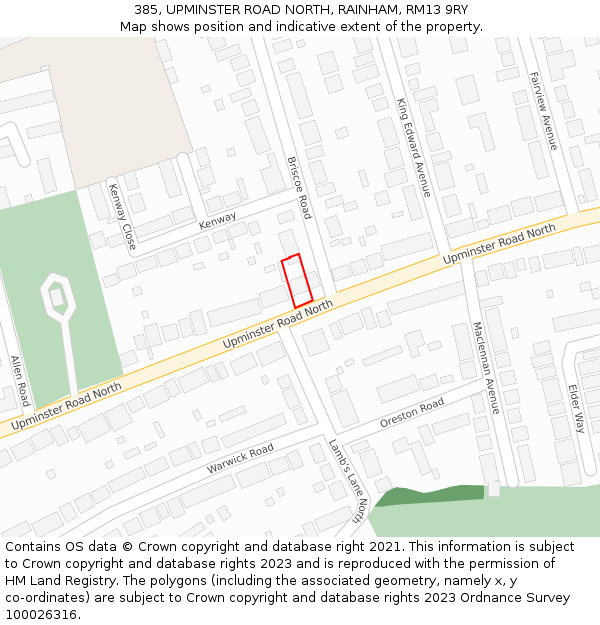 385, UPMINSTER ROAD NORTH, RAINHAM, RM13 9RY: Location map and indicative extent of plot