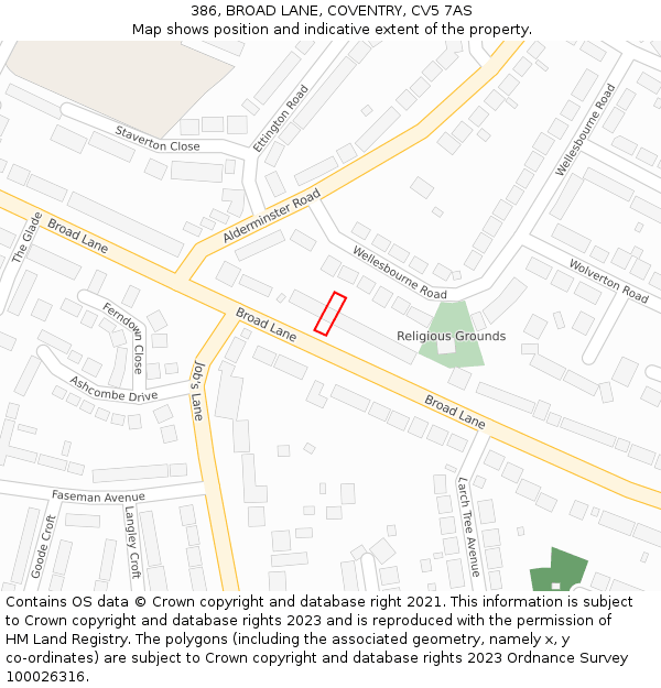 386, BROAD LANE, COVENTRY, CV5 7AS: Location map and indicative extent of plot
