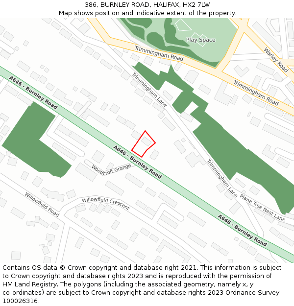386, BURNLEY ROAD, HALIFAX, HX2 7LW: Location map and indicative extent of plot