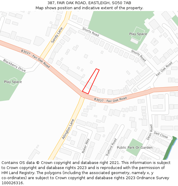 387, FAIR OAK ROAD, EASTLEIGH, SO50 7AB: Location map and indicative extent of plot