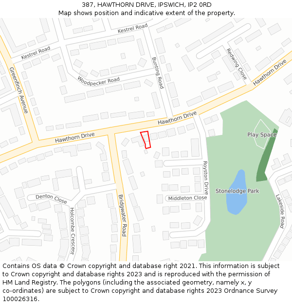 387, HAWTHORN DRIVE, IPSWICH, IP2 0RD: Location map and indicative extent of plot