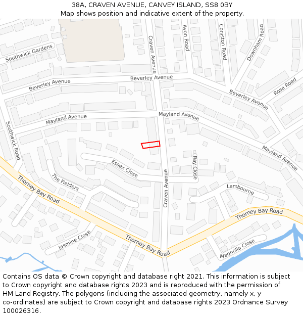 38A, CRAVEN AVENUE, CANVEY ISLAND, SS8 0BY: Location map and indicative extent of plot