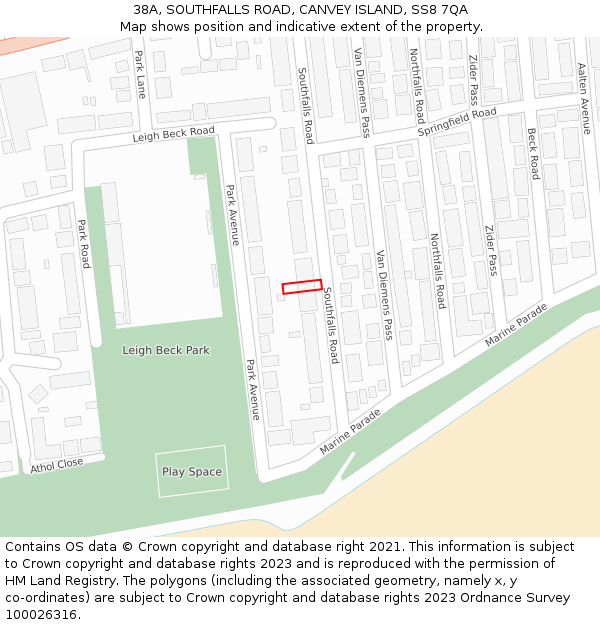 38A, SOUTHFALLS ROAD, CANVEY ISLAND, SS8 7QA: Location map and indicative extent of plot