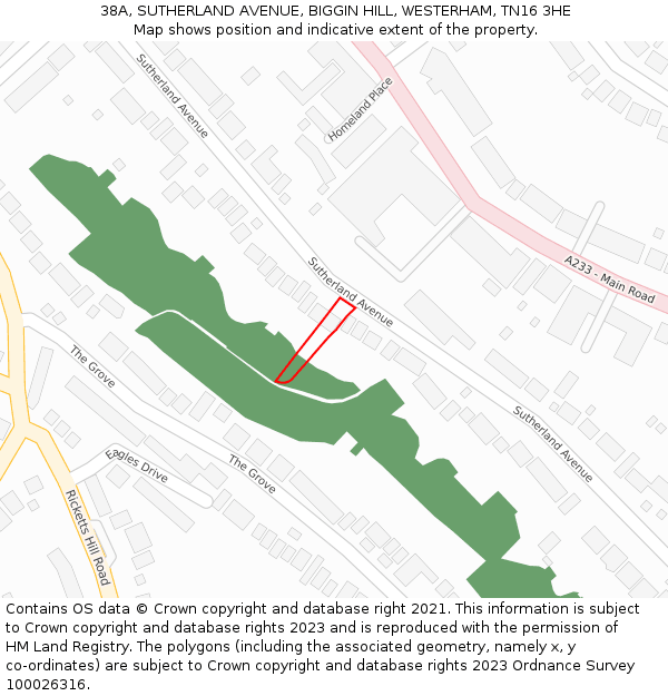 38A, SUTHERLAND AVENUE, BIGGIN HILL, WESTERHAM, TN16 3HE: Location map and indicative extent of plot