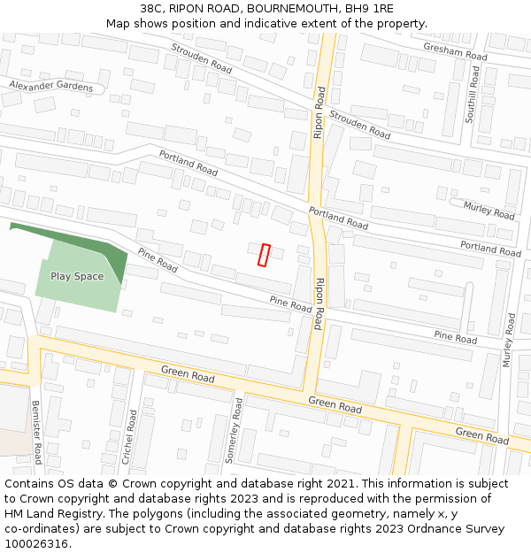 38C, RIPON ROAD, BOURNEMOUTH, BH9 1RE: Location map and indicative extent of plot