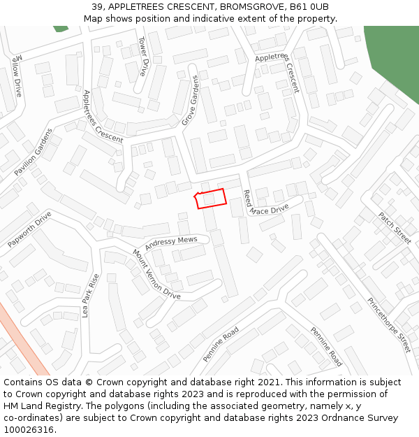 39, APPLETREES CRESCENT, BROMSGROVE, B61 0UB: Location map and indicative extent of plot
