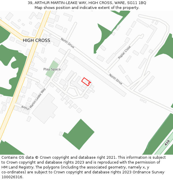 39, ARTHUR MARTIN-LEAKE WAY, HIGH CROSS, WARE, SG11 1BQ: Location map and indicative extent of plot