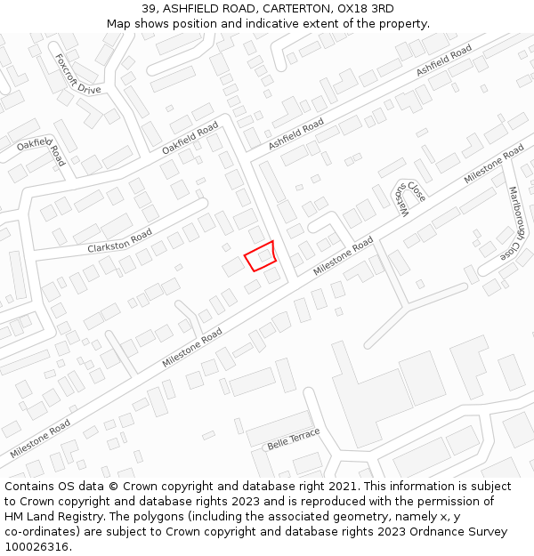 39, ASHFIELD ROAD, CARTERTON, OX18 3RD: Location map and indicative extent of plot