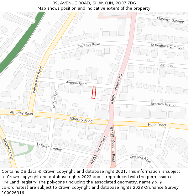 39, AVENUE ROAD, SHANKLIN, PO37 7BG: Location map and indicative extent of plot