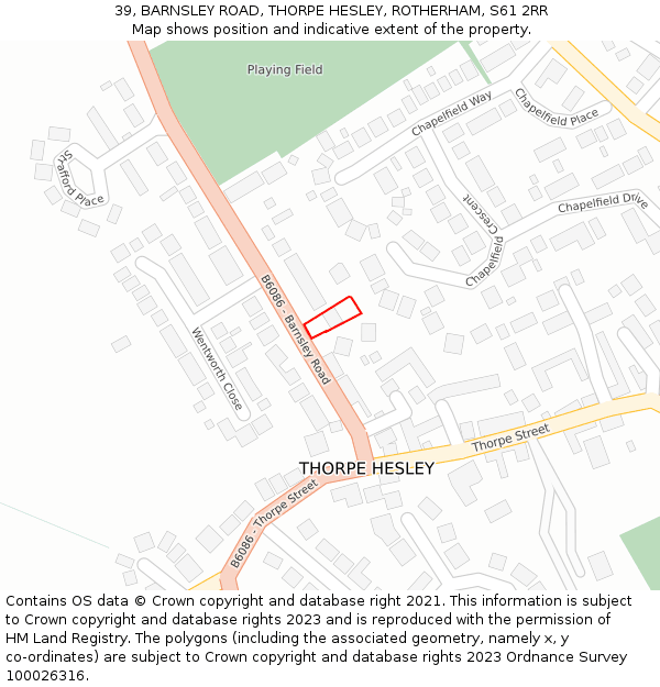 39, BARNSLEY ROAD, THORPE HESLEY, ROTHERHAM, S61 2RR: Location map and indicative extent of plot