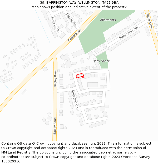 39, BARRINGTON WAY, WELLINGTON, TA21 9BA: Location map and indicative extent of plot