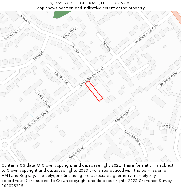 39, BASINGBOURNE ROAD, FLEET, GU52 6TG: Location map and indicative extent of plot