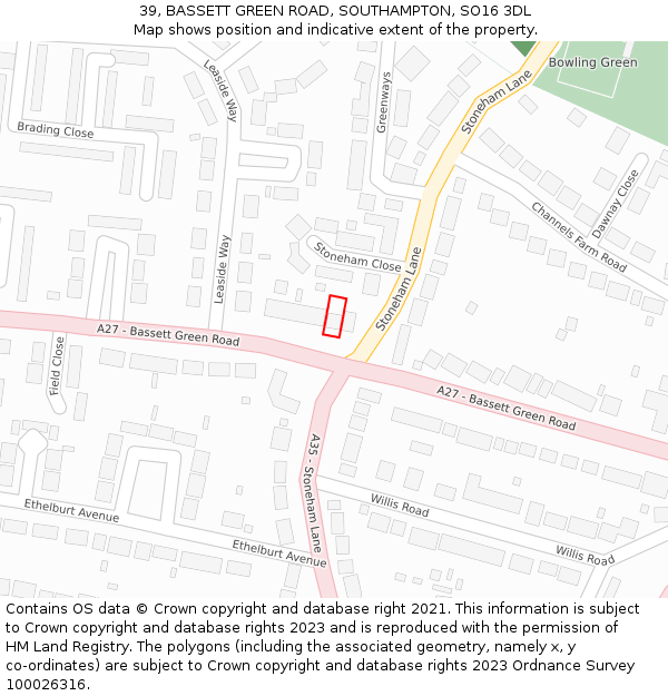 39, BASSETT GREEN ROAD, SOUTHAMPTON, SO16 3DL: Location map and indicative extent of plot