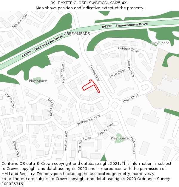 39, BAXTER CLOSE, SWINDON, SN25 4XL: Location map and indicative extent of plot