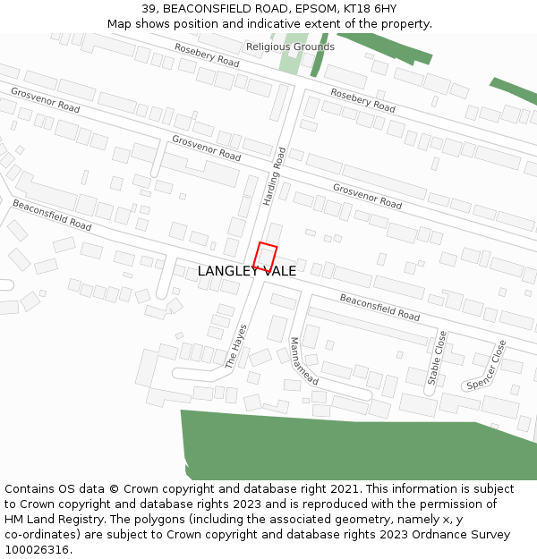 39, BEACONSFIELD ROAD, EPSOM, KT18 6HY: Location map and indicative extent of plot