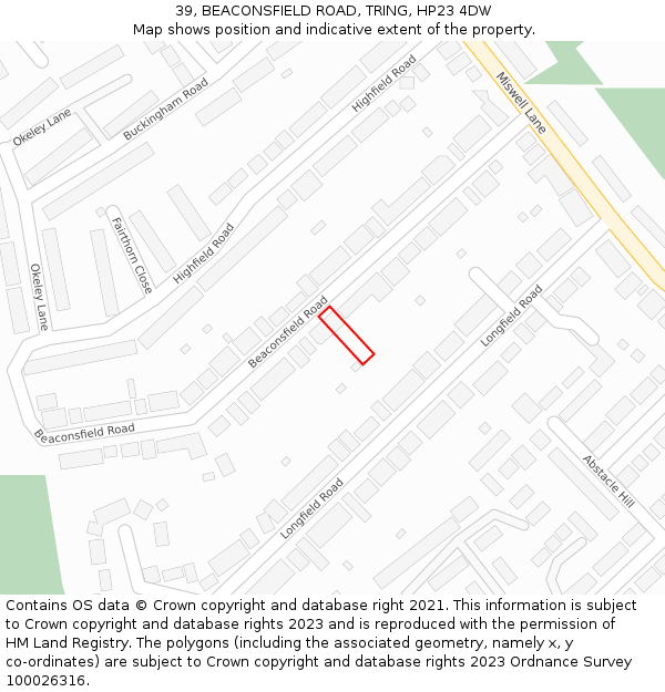 39, BEACONSFIELD ROAD, TRING, HP23 4DW: Location map and indicative extent of plot