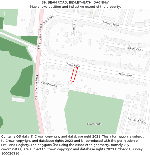 39, BEAN ROAD, BEXLEYHEATH, DA6 8HW: Location map and indicative extent of plot