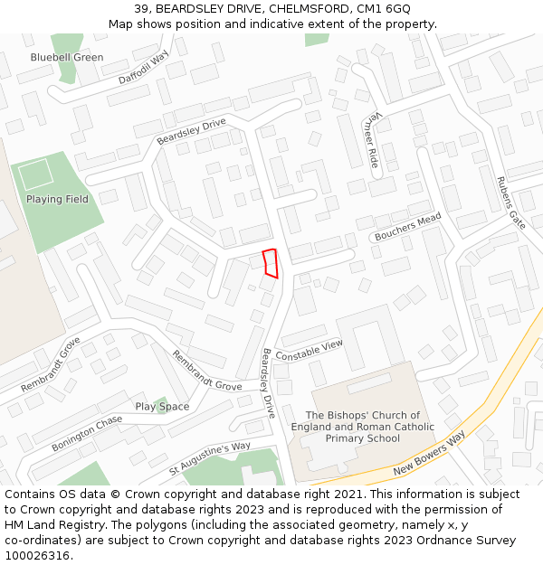 39, BEARDSLEY DRIVE, CHELMSFORD, CM1 6GQ: Location map and indicative extent of plot