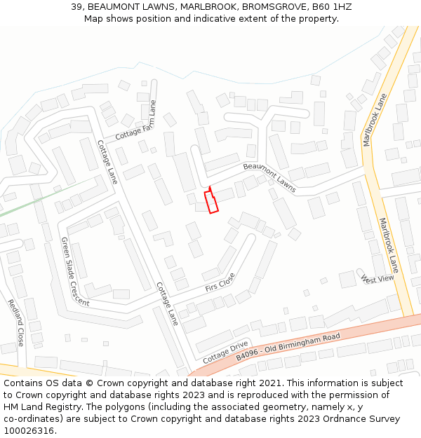 39, BEAUMONT LAWNS, MARLBROOK, BROMSGROVE, B60 1HZ: Location map and indicative extent of plot