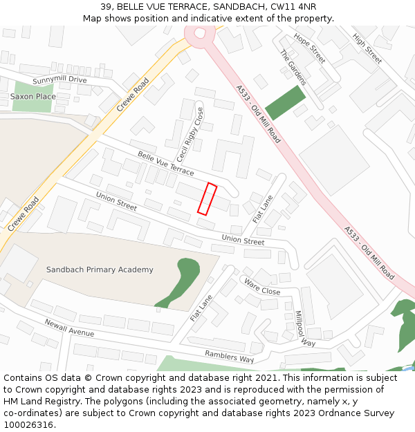 39, BELLE VUE TERRACE, SANDBACH, CW11 4NR: Location map and indicative extent of plot