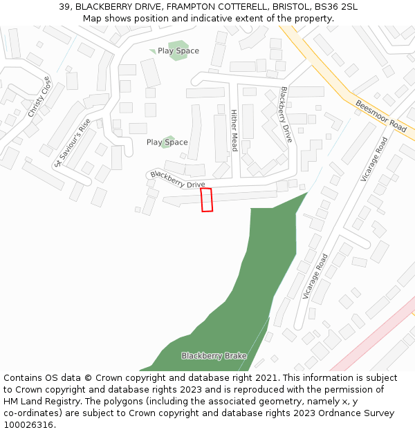 39, BLACKBERRY DRIVE, FRAMPTON COTTERELL, BRISTOL, BS36 2SL: Location map and indicative extent of plot