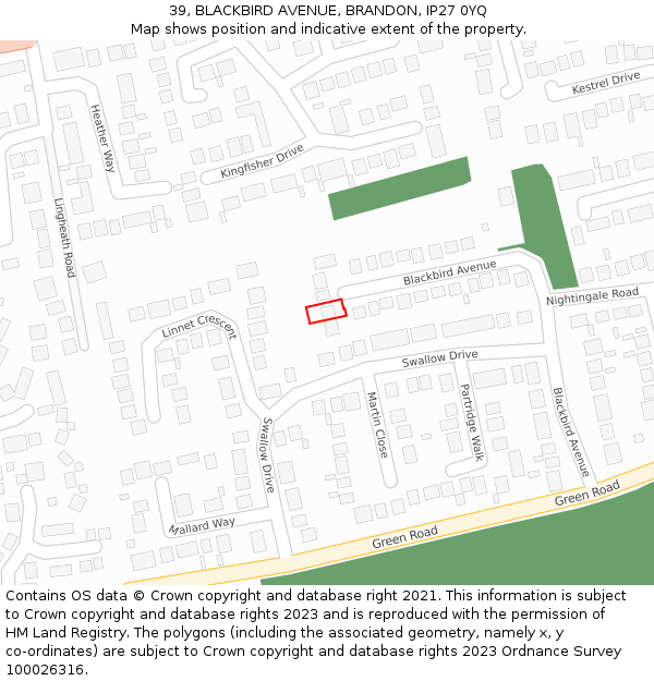 39, BLACKBIRD AVENUE, BRANDON, IP27 0YQ: Location map and indicative extent of plot