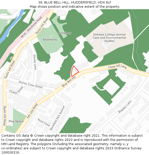 39, BLUE BELL HILL, HUDDERSFIELD, HD4 6LF: Location map and indicative extent of plot